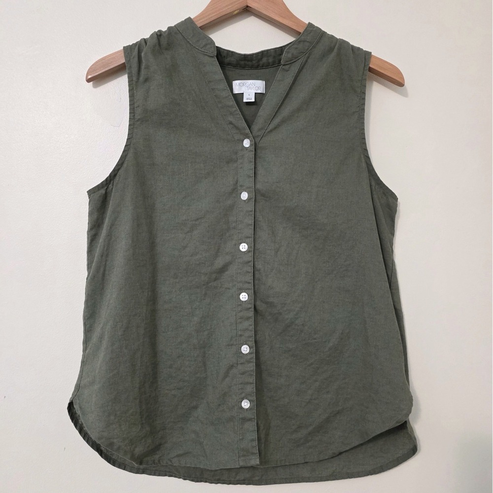 Morgan Taylor Linen Blend Sleeveless Top Sz L Button Up Coastal Luxury Blouse